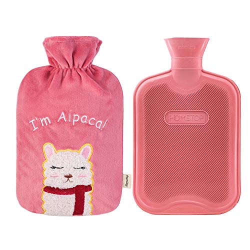 HomeTop Premium 2 Liter Classic Rubber Hot Water Bottle with 3D Cute Alpaca Fleece Cover (2L, Pink)