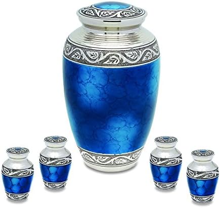 Mediterranean Mystic Blue Brass Metal Cremation Adult Urn and Keepsake Set of 4 for Human Ashes