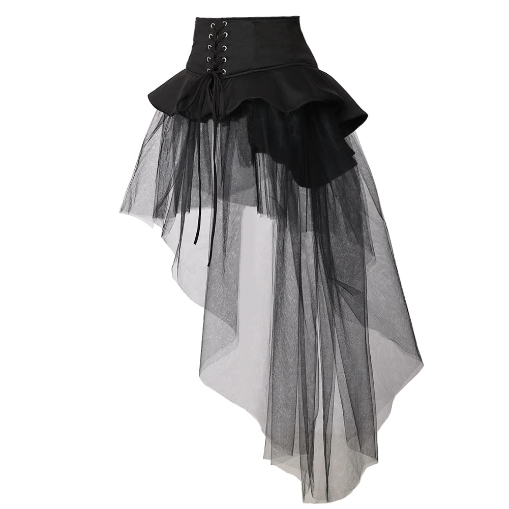 Women Steampunk Gothic Long Tulle Skirts Waist Belt for Women Victorian Ruffles Pirate Corset Costumes Black