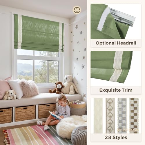 Image of TWOPAGES Isabella No Drill Cordless Roman Shade Linen Textured Cotton Roman Blind for Windows, Custom Made Room Darkening Blackout Roman Window Shade, Hardware Included, Olive, 1 Piece