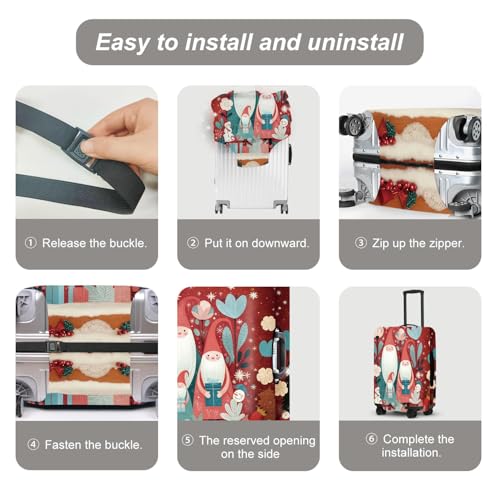 Image of Gnome Luggage Cover - Red Background with Santa's Helpers, Trees and Snowmen, Elastic Holiday Travel Case for 28 30 Inch Bag
