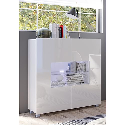 Lomadox Wohnwand Anbauwand weiß Hochglanz 4-teilig Modern, mit 1 TV-Lowboard, 1 Hängeschrank, 1 Hängevitrine, 1 Highboard – Bild 3