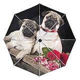 Wamika Automatischer Regenschirm für Hunde mit Rosen-Blumen-Motiv, Winddicht, wasserdicht, UV-Schutz, Reise-Regenschirm – 3 Falten, automatisches Öffnen/Schließen, für Sonne und Regen