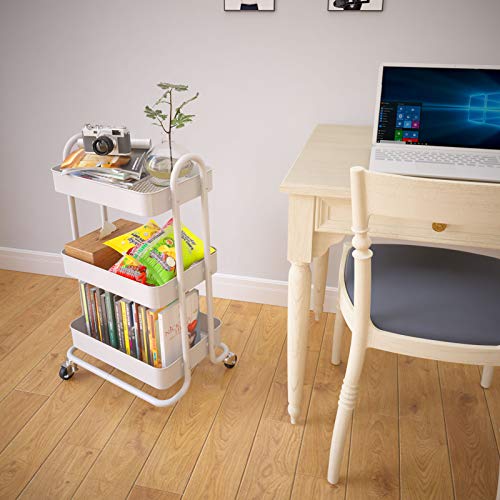 SNTD 3-Tier Rolling Utility Cart with Wheels Storage Shelves Trolley Service Cart for Bathroom Kitchen Office White