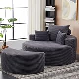 ENYLAY 55.11' W Oversized Round Chaise Lounge Chair, Deep Seat Corduroy Cloud with Pillows, Moveable Ottoman and Blanket– Comfy Circle Loveseat Sofa Chair for Living Room or Bedroom (Grey)