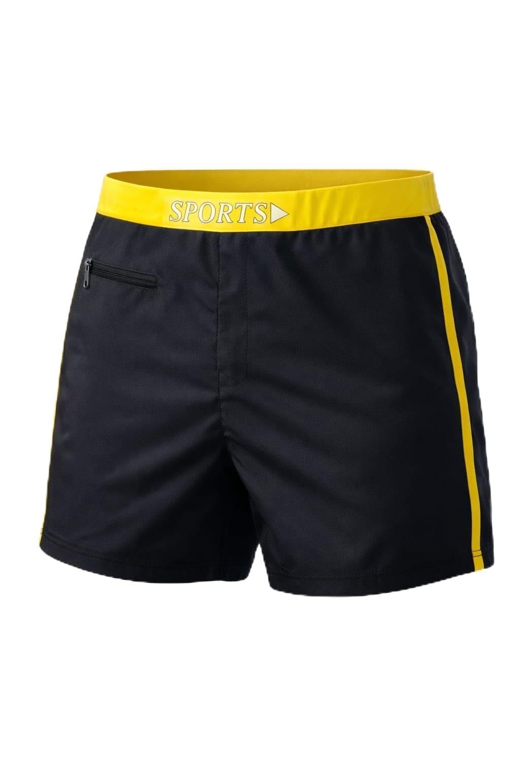 nlw Sports Men's Shorts, Black with Yellow Waistband, Quick Dry, Flexible Stretch, Secure Zip Pocket-picture-24