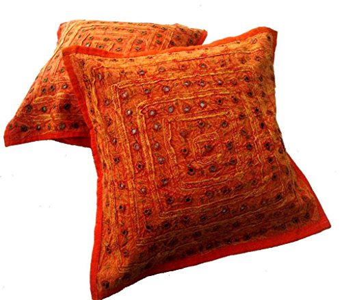 Sophia-Art 2 Pcs Set Embroidery Indian Sari Throw Pillow Toss Cotton Cushion Cover Designer Traditional Mirror Work Throw Pillow Cover 16 x 16 Inch (Orange)