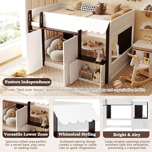 Image of Full House Loft Bed with Playhouse & Storage, Modern Wood Cabin Bed for Kids /Teens (Espresso+White)