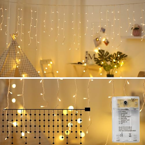​Icicle Fairy Lights - 3m 90 LED Weatherproof Indoor/Outdoor Curtain String Lights with 8 Modes - USB or Battery Powered - Warm White