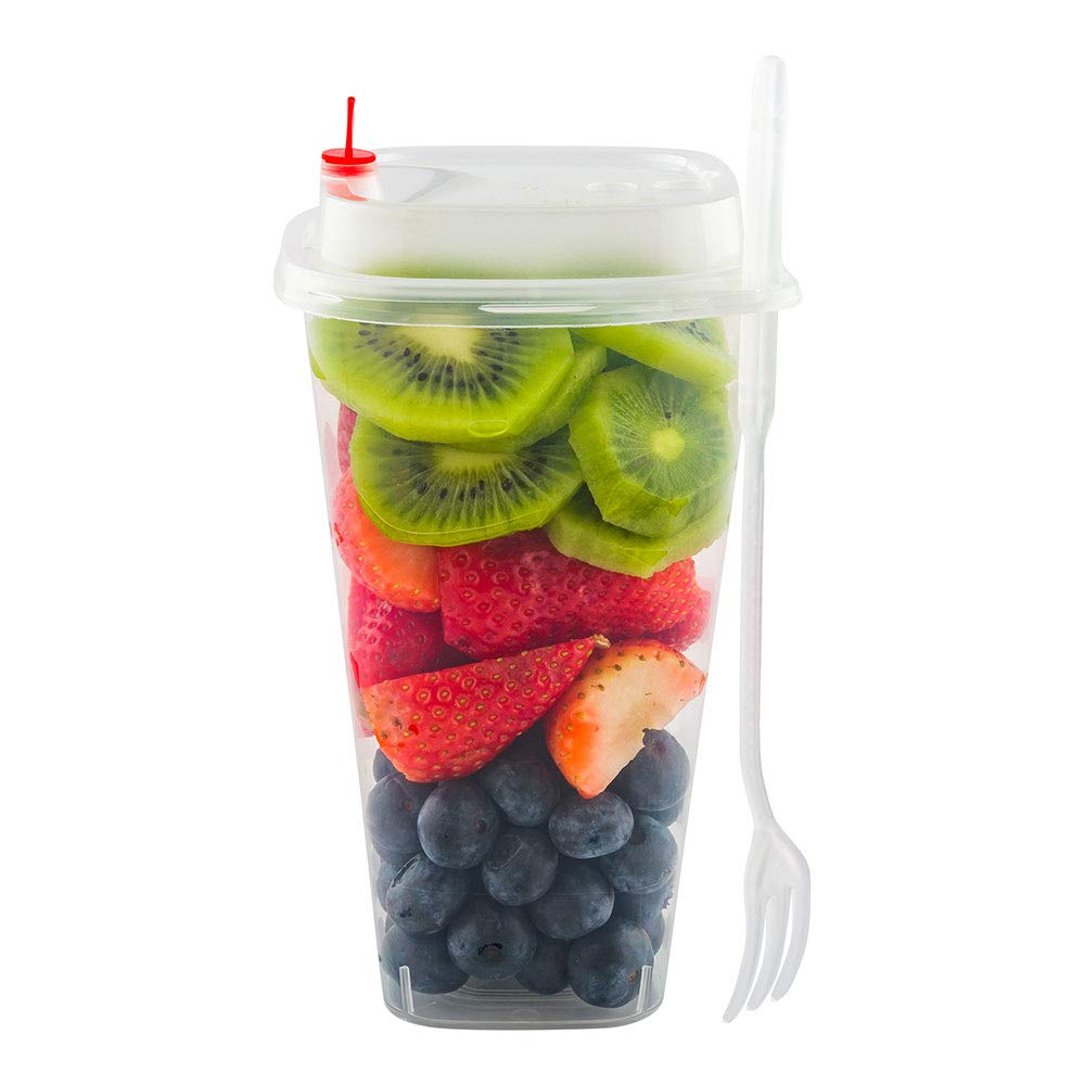 Photo 1 of *ONLY CUPS** Restaurantware Asporto 16 Ounce Salad Lunch Containers, 100 With Lid And Fork Salad Cups - Sipping Hole, Includes Heart Plug, Clear Plastic Lunch On The Go Containers, Straw Slot, Recyclable 16 oz