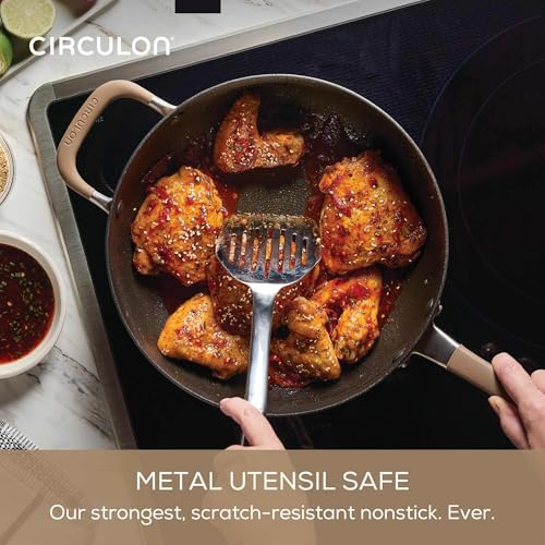Image of Circulon A1 Series with ScratchDefense Technology Nonstick Induction Pots and Pans, Metal Utensil Safe, Includes Splatter Guard, Slotted Turner and Silicone Trivets, 10 Piece Cookware Set - Champagne