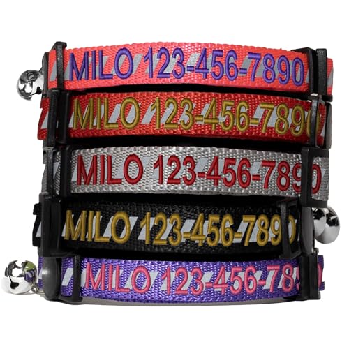 Image of Pawtitas Personalized Cat Collar With Breakaway Safety Release Buckle Adjustable Length | Cat Collar With Custom Embroidered For Your Pet's Name And Phone Number | Black Cat Collar With Removable Bell