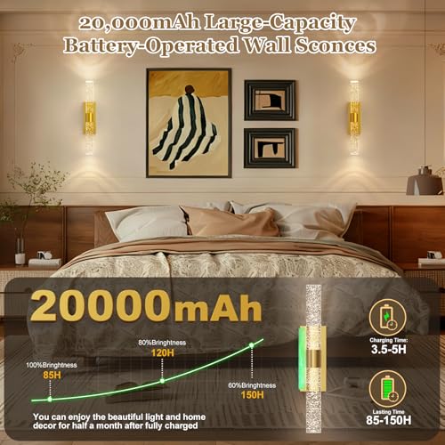 Image of 20000mAh Battery Operated Wall Sconces: 17 Inch Rechargeable Wall Lights Set of 2 with Arylic Shade - 3000K-6000K Dimmable Wireless LED Wall Lamp with Remote for Bedroom Bathroom Hallway Living Room