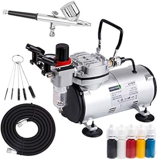 Timbertech Airbrush Kit with Compressor AS18-2K Basic Start Kit with Air Hose, Cleaning Brush & Test Paints for Hobby, Body Tattoo, Graphic and Any Other Airbrush Application