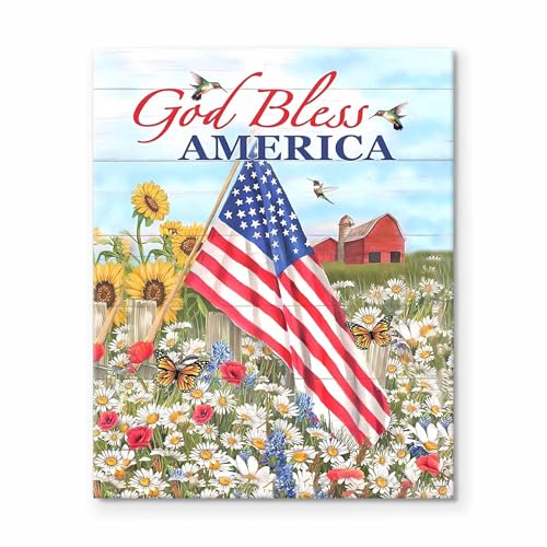 Image of 4th of July America Patriotic Wall Art, God Bless USA Flag and Daisy Field with Farm and Butterflies Print, Summer Country Poster Framed Vintage Wall Decor for Living Room and Entryway 24x30inch
