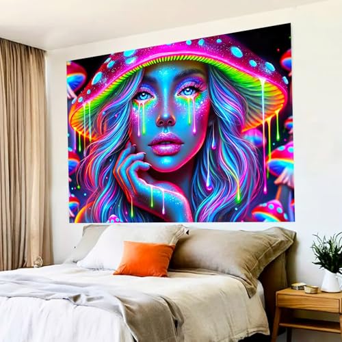 Image of BlissYard Anime Characters Blacklight Tapestry Banner 79x59 Inch Psychedelic Mushroom Girl Neon Trippy Art Aesthetic Bohemian Spiritual Wall Hanging Bedroom Decor Visionary Decration Glow In The Dark Psychedelic Banner Black Light Tapestries