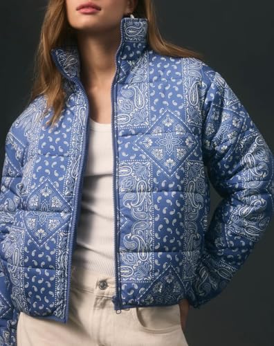 D-Sun Women's Cropped Puffer Quilted Jacket Floral Print Oversized Zip Puffer Jacket Open Front Coat Outerwear With Pockets2