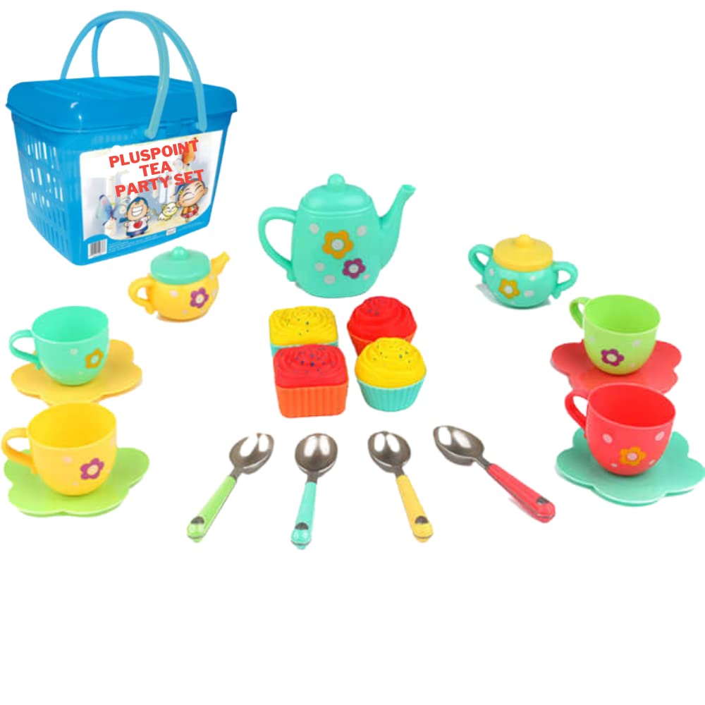 PLUSPOINT 20pc Tea Set with Basket Tea Party Pretend playset for Kids, teapot Play Set Pretend Play Set Girls Kitchen Toy teapot Gift for Toddler Kids Boys Girls 3 Years Old (Tea Set with Basket) (B08J42J6NQ) Amazon Price History, Amazon Price Tracker