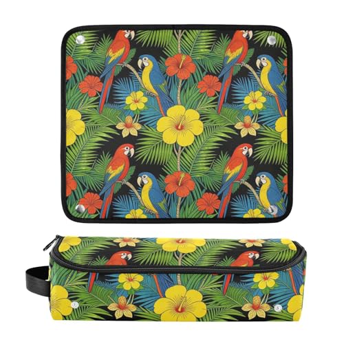 Organizador 2 en 1 para herramientas de cabello con tapete para plancha, portátil para planchas, rizadores y accesorios de viaje en verde con diseño de loros tropicales miniatura 3