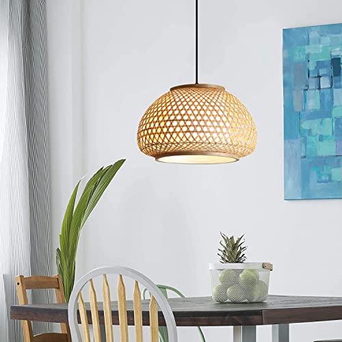 KWOKING Lighting Handmade Flush Mount Ceiling Light Retro Bamboo Dome Shade Pendant Light 1 Light Woven Hanging Lamp for Dining Table,Restaurant - 15.75" - Image 6