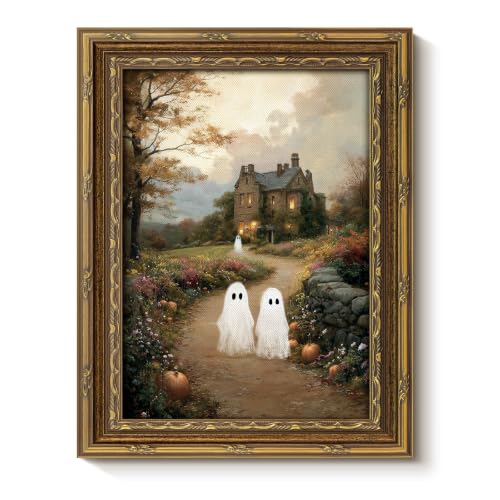 VIYYIEA Vintage Gold Framed Halloween Wall Art Rustic Spooky Gothic Canvas Painting Cute Ghost Walking Path To Manor House Pumpkins Witchy Room Decor for Bathroom Living Room 810inch