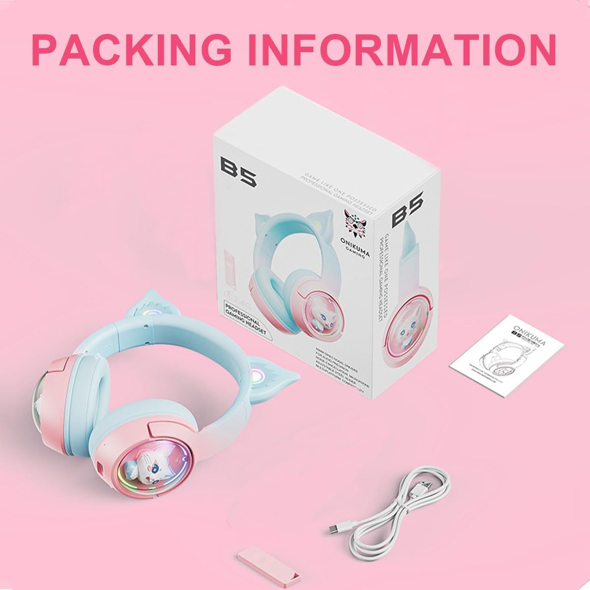 Casque Bluetooth sans Fil avec Oreilles de Chat - avec Microphone - avec lumière LED RVB - 2,4 GHz - USB-avec Oreilles de Chat - Son stéréo HD - pour PC, TV, Tablette