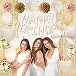White Sand and Gold Birthday Decorations for Women Girls, Happy Birthday Balloon Banner with Bow and Heart Foil Balloons Fringe Curtain Tissue Paper Pompoms Garland Party Supplies - Image 5