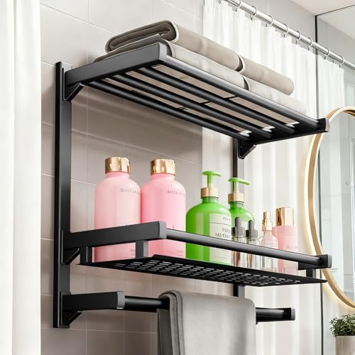 Toallero de tres niveles, toallero sin taladrar, doble toallero negro para baño cocina, gancho de baño, 60 x 22 cm, toallero para baños y cocinas