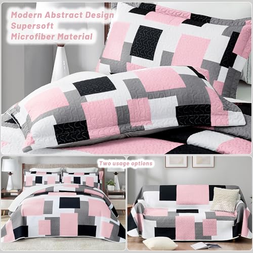 Image of Tyrot 3 Piece Pink Gray Quilt Full /Queen Size Black White Grey Bedding Set | Lightweight Bedspread, Geometric Coverlet with 2 Sham, Modern Abstract Soft Microfiber, Bed Cover for All Season, 90''x96''