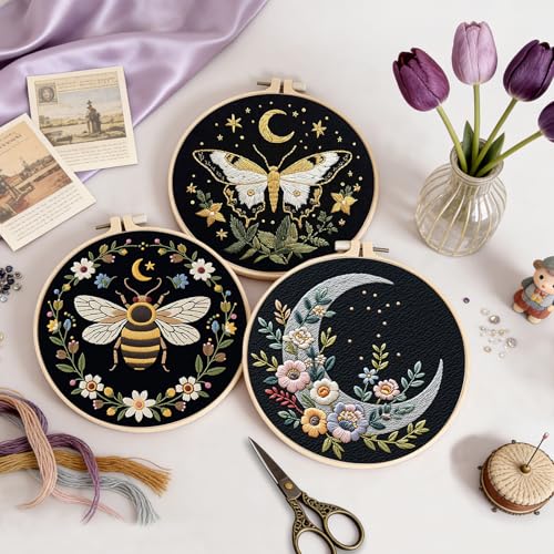 Image of Uniartfy 3 Sets Butterfly Bee Moon Embroidery Kits for Beginners, DIY Cross Stitch Starter Craft Kit for Adults, Needlepoint Kits Including Cloth with Flower Plant Pattern, Hoop, Tools, Instructions