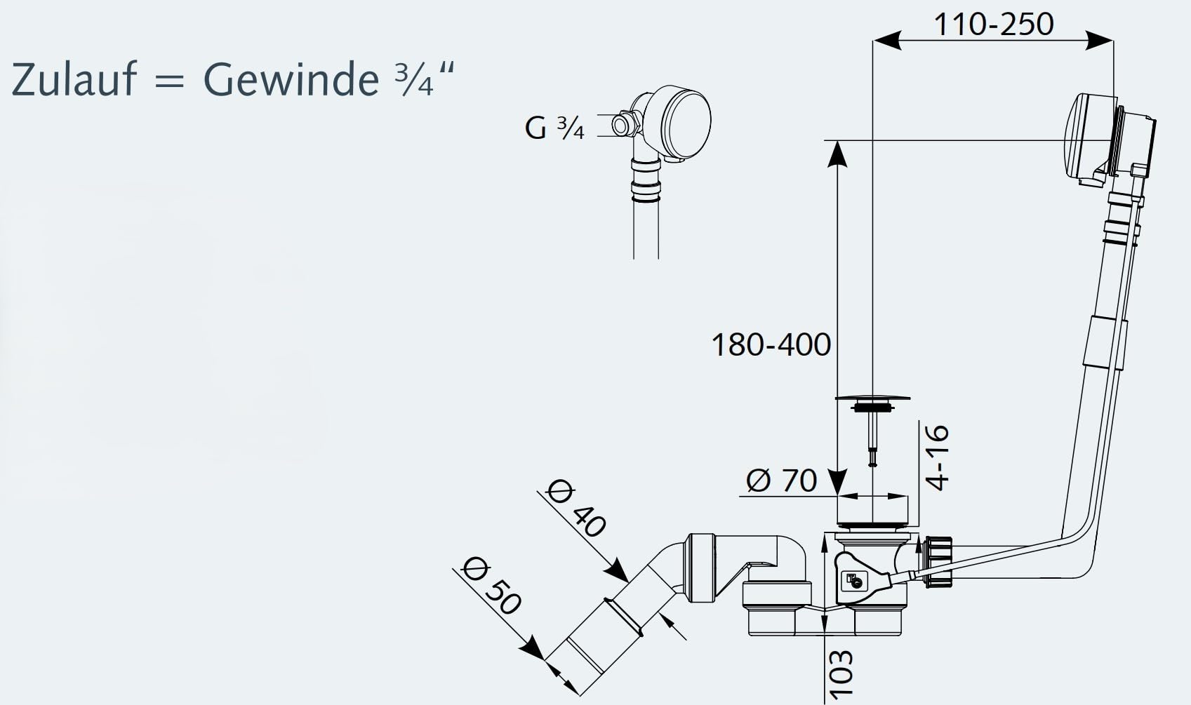 AQUADE Desagüe excéntrico y rebosadero con entrada para bañeras y jacuzzis desagüe rebosadero con salida excéntrica cromada 40/50 mm acero inoxidable tapa de desagüe: 70 mm Calidad: fabricado en