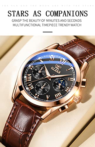 OLEVS Men Watch Leather Strap Moon Phase Casual Classic Analog Quartz Calendar 3ATM Waterproof Luminous Men Wrist Watches