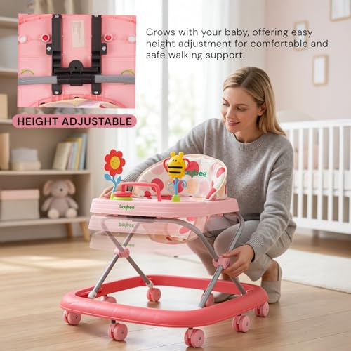 Image of Baybee Stepzilla Baby Walker for Kids | Foldable Activity Walker with 3-Level Height Adjustment, Soft Cushion Seat, Smooth Wheels & Toy Bar | Baby Walker for 6-18 Months Boys & Girls (Pink)