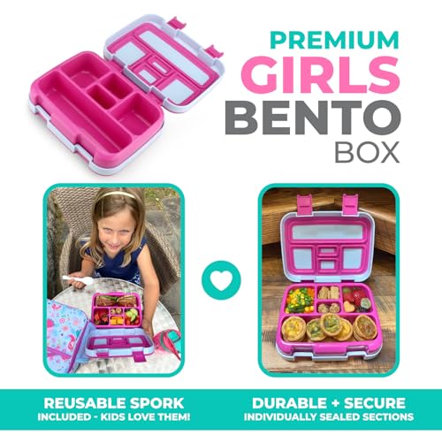Image of kinsho Bento Lunch Box for Kids Toddlers Girls, 5 Portion Sections Secure Lid, Microwave Safe BPA Free Removable Tray, Pre-School Kid Daycare Lunches Snack Container Ages 3 to 5, Pink Fairy Princess