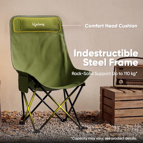 Image of Lifelong Camping Chair | Foldable Chair for Travelling with Adjustable 3-Position Recline | Carbon Steel Portable Trekking Chair | Portable Folding Chair for Homes & Outdoors | Large | Green