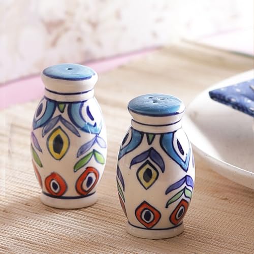 Image of VarEesha Hand Painted Multicolored Ceramic Salt n Pepper Set for Dining Table Used as Namak Dhani, Shaker, Sprinkler for Home, Kitchen and Restaurant