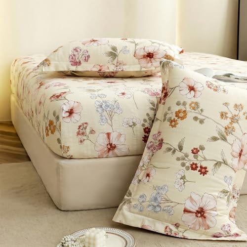 Image of Story@Home Cloud Cotton Fitted BEDSHEET (72 X 78 Inch) 360 Elastic King Size with 2 Pillow Covers | Super Soft Bed Sheet for King Size Bed Floral Design (White, Red)