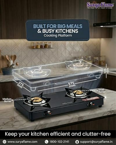 Image of Surya Flame Gas Stove 2 Burner with Glass Top, Brass Burners, 69%+ Thermal Efficiency & Toughened Glass, 2 Years Warranty & Doorstep Service across India