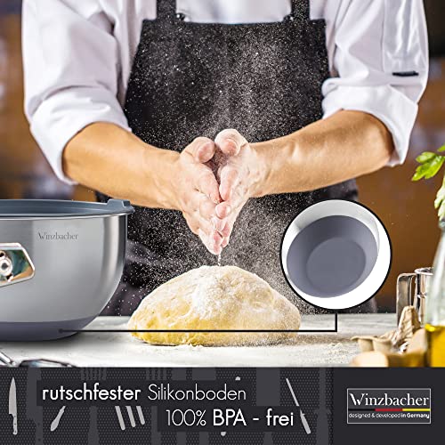 Winzbacher Edelstahl Schüssel mit Deckel [5er Set] 1l + 1.5l + 2.5l + 3.5l + 4.5l | Rührschüssel, Salatschüssel, Schüsselset, | rutschfest | stapelbar | Spülmaschinenfest | inkl. Reibe