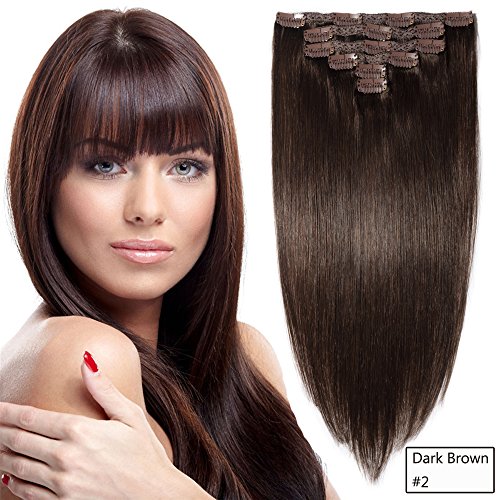 CHEEON 16" Dark Brown Clip In Human Hair Extensions Brazilian Remy Hair Straight 6 Pieces/Set 70G/2.45oz Exquisite Packaging