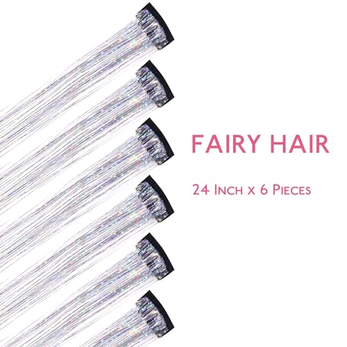 Image of WENNALIFE Hair Tinsel Clip In for Girls Silver, 6pcs 24 inch Clips Tinsel Hair Extensions Clip in Colorful Glitter Clips Sparkle Fairy Hair Accessories for Kids