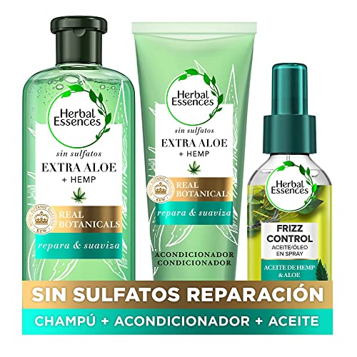 Herbal Essences Champú Sin Sulfatos Sin Siliconas + Acondicionador Sin Sulfatos + Aceite En Spray De Semillas De Cáñamo Y Aloe Vera, 380ml+275ml+100ml