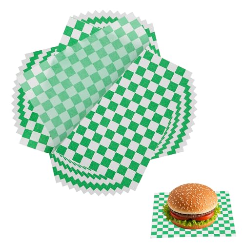 QUARKZMAN 150 Stück Wachspapier Für Lebensmittel 7 x 7 Zoll Fettdichte Einwickelpapiere Karo Muster Quadratische Lebensmittelkorb-Einlagen Für Sandwich Hamburger Brot Grün