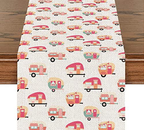 Camping Rv Table Runner Camp Art Cotton Linen Table Runners Farmhouse Home Decor Gift For Dinner Party Holidays Outdoor Housewarming (14X72 Inches ) #TOP12