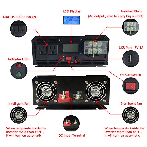 KRXNY 3000W 24V DC to 120V AC 60HZ Pure Sine Wave Solar Power Inverter Converter Off Grid with LCD Display