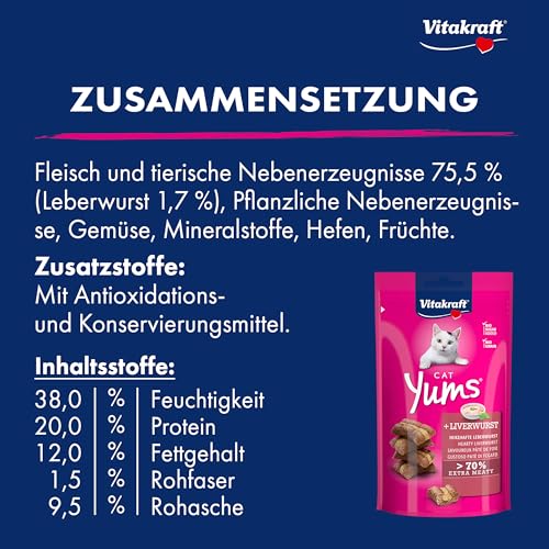 Vitakraft Cat Yums, Katzen Leckerli, weicher Katzensnack gefüllt mit Leberwurst, im wiederverschließbaren Beutel, ohne Zusatz von Zucker (1x 40g)