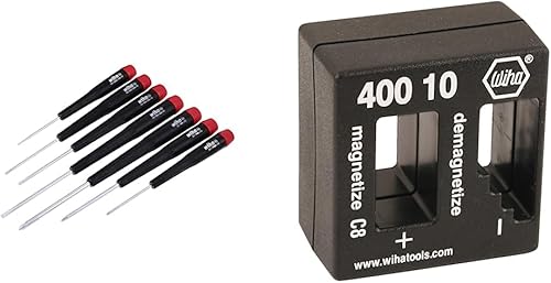 Wiha 26197 Juego de destornilladores de precisión ranurados y Phillips de 7 piezas y 40010 Desmagnetizador desmagnetizador, negro