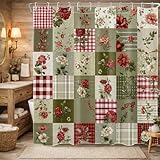 MASLEK Vintage Red Floral Patchwork Shower Curtain with Hooks, Farmhouse Dark Flower and Green Leaf Plaid Design Polyester Fabric Bathroom Decor Shower Curtain Set, 72x72 Inch