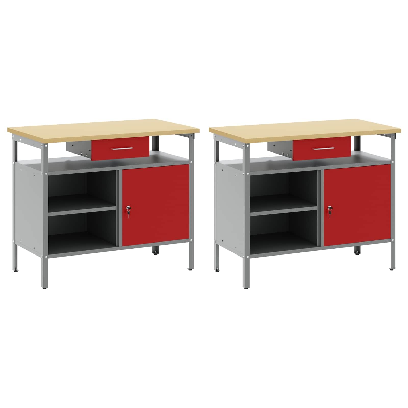 Juego de 2 bancos de trabajo resistentes con recubrimiento en polvo con estantes metálicos, capacidad de carga de 400 kg, altura ajustable, ideal para taller, garaje