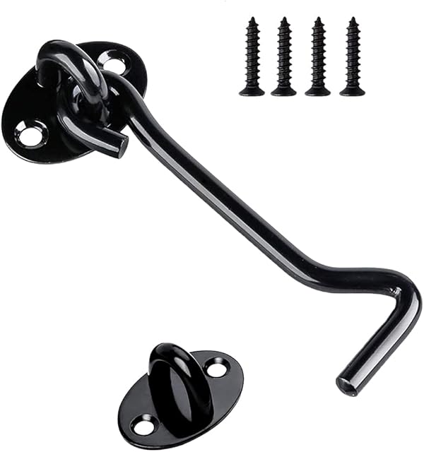 1PCS Stainless Steel Cabin Hook and Hook and Eye Latch, 4 Inch shed Door Latch Heavy Duty, gate Latch for Wooden GatesWindow Brace Gate Door Catch Silent Holder, Black